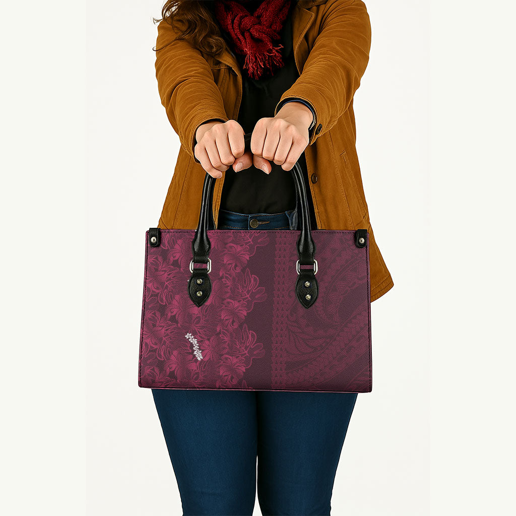 Burgundy Hibiscus Monstera Seamless Kakau Hawaii Leather Bag