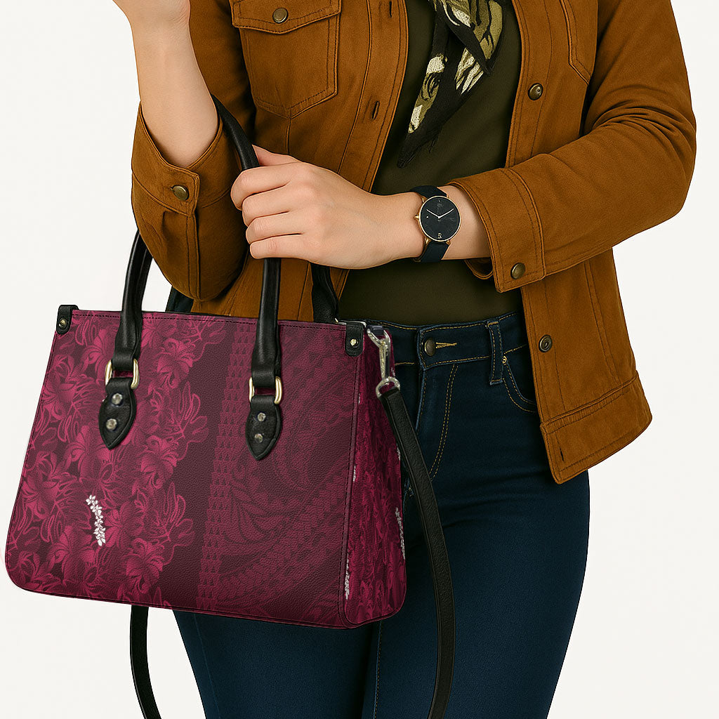 Burgundy Hibiscus Monstera Seamless Kakau Hawaii Leather Bag