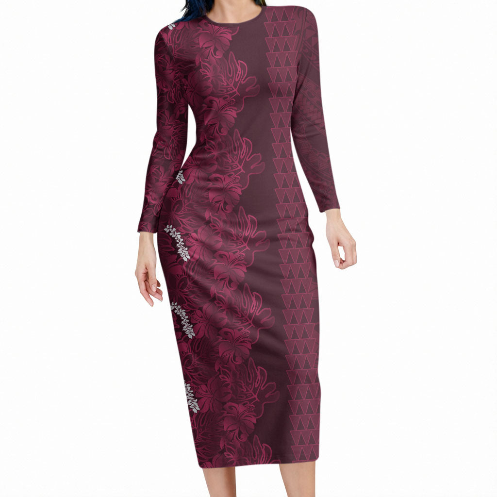 Burgundy Hibiscus Monstera Seamless Kakau Hawaii Long Sleeve Bodycon Dress