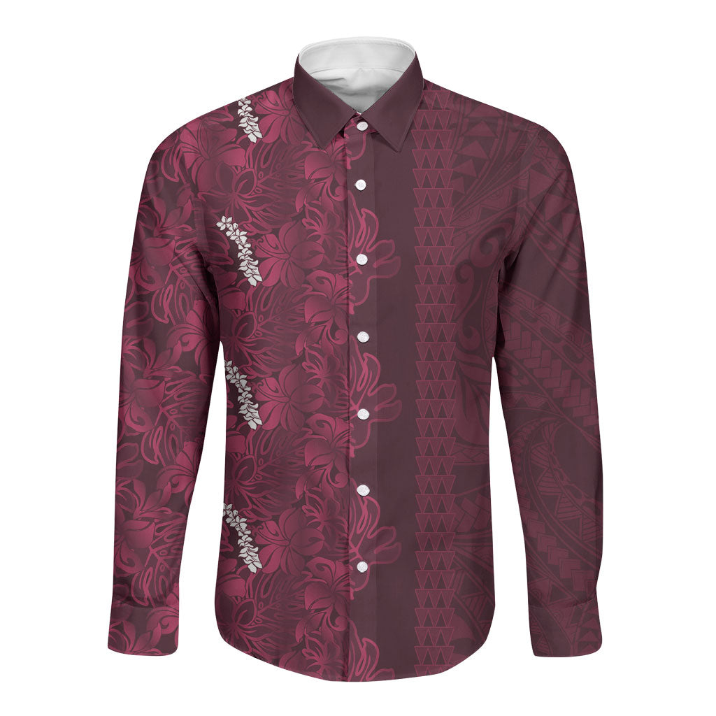 Burgundy Hibiscus Monstera Seamless Kakau Hawaii Long Sleeve Button Shirt