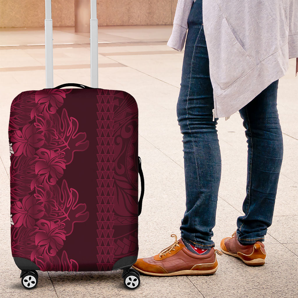Burgundy Hibiscus Monstera Seamless Kakau Hawaii Luggage Cover