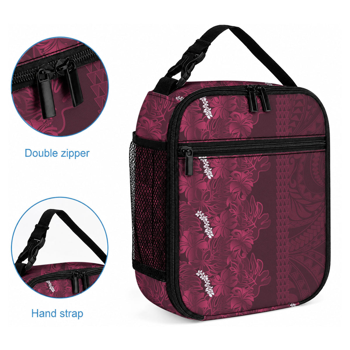 Burgundy Hibiscus Monstera Seamless Kakau Hawaii Lunch Bag