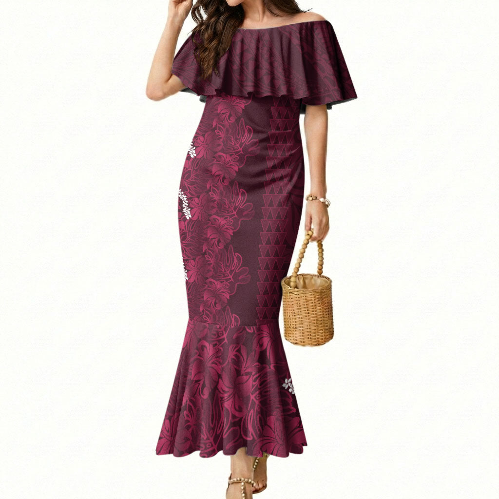 Burgundy Hibiscus Monstera Seamless Kakau Hawaii Mermaid Dress