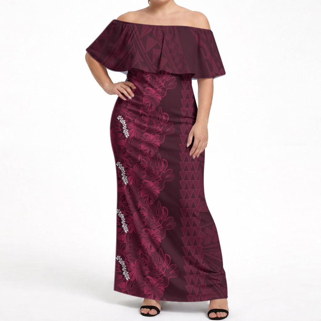 Burgundy Hibiscus Monstera Seamless Kakau Hawaii Off Shoulder Maxi Dress