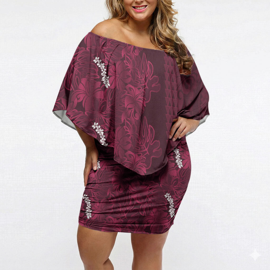 Burgundy Hibiscus Monstera Seamless Kakau Hawaii Off Shoulder Short Dress