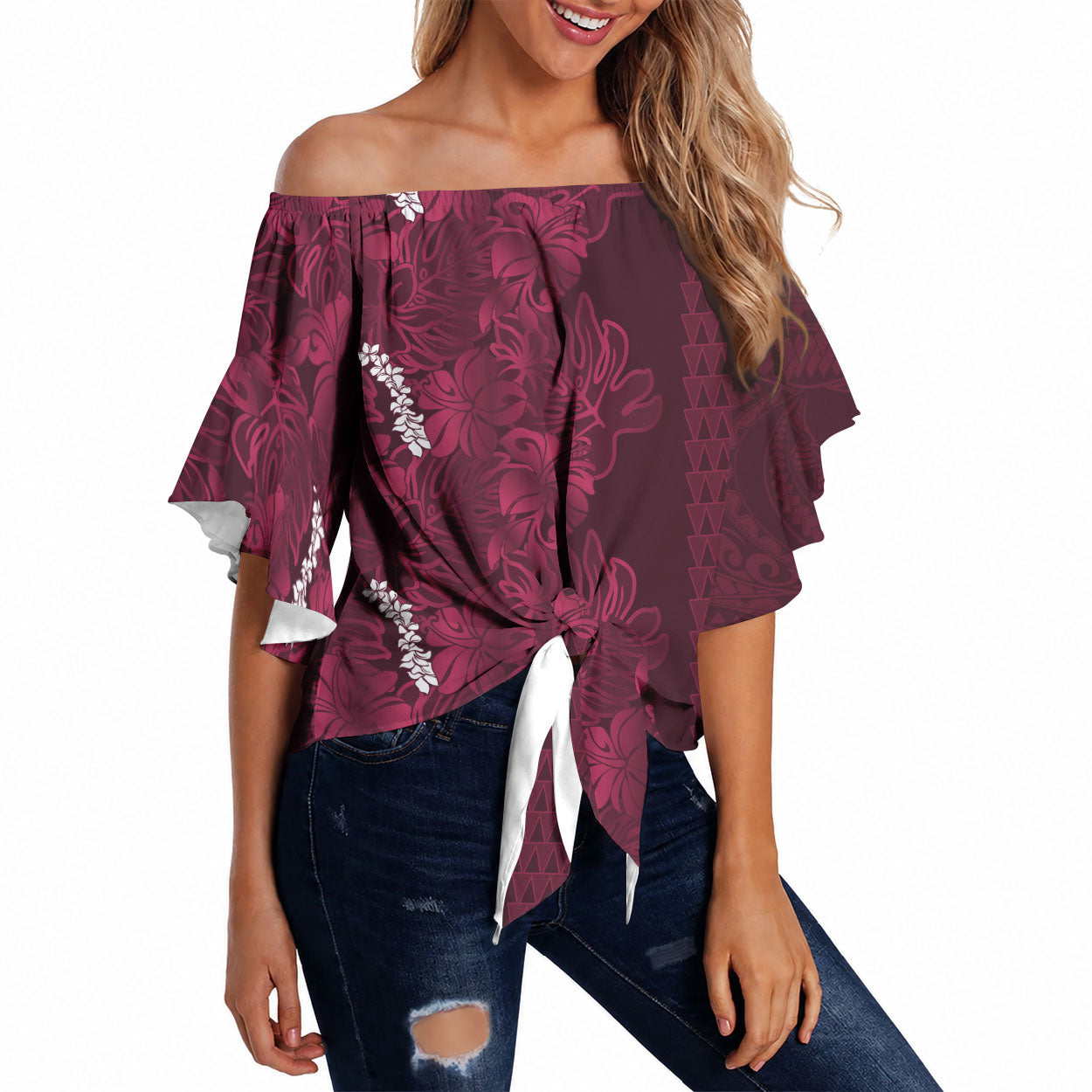 Burgundy Hibiscus Monstera Seamless Kakau Hawaii Off Shoulder Wrap Waist Top