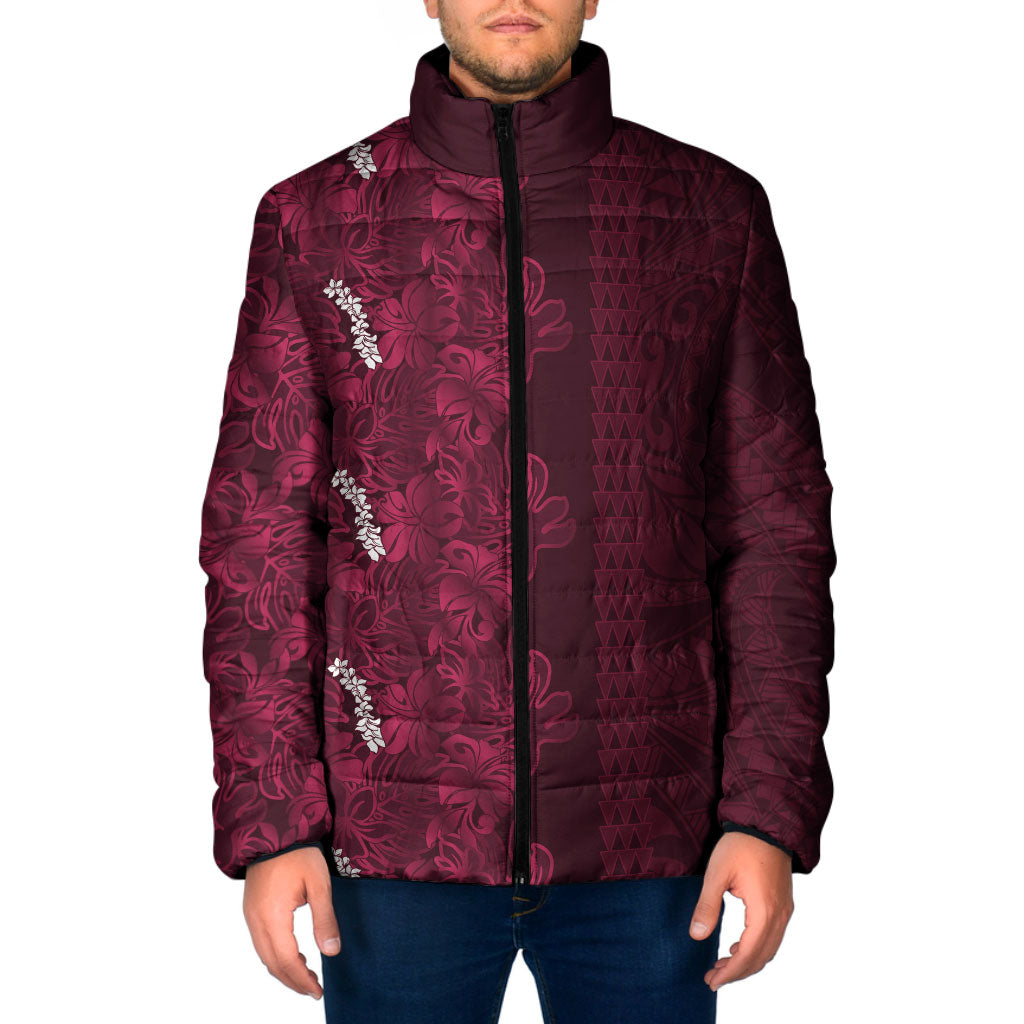 Burgundy Hibiscus Monstera Seamless Kakau Hawaii Padded Jacket