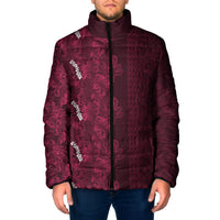 Burgundy Hibiscus Monstera Seamless Kakau Hawaii Padded Jacket