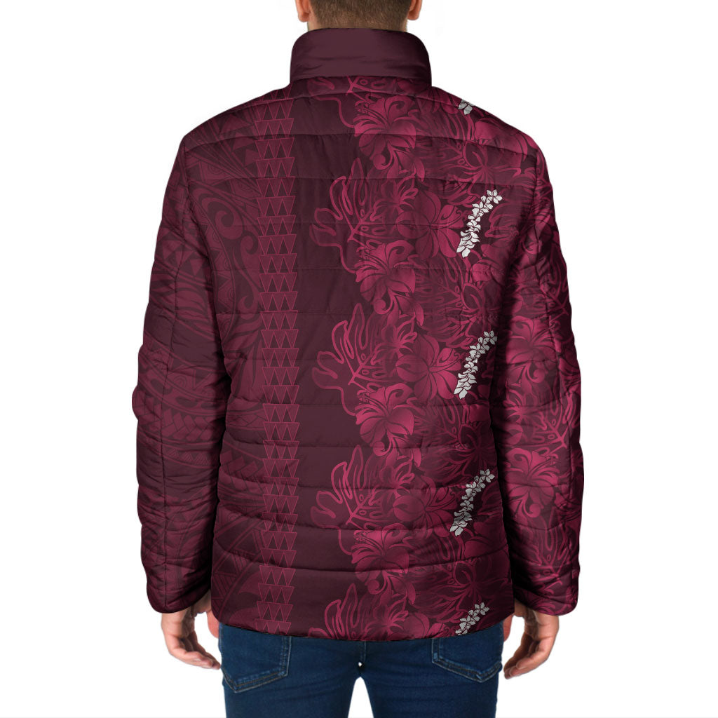 Burgundy Hibiscus Monstera Seamless Kakau Hawaii Padded Jacket
