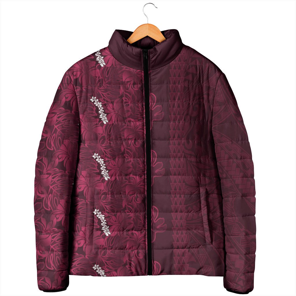 Burgundy Hibiscus Monstera Seamless Kakau Hawaii Padded Jacket