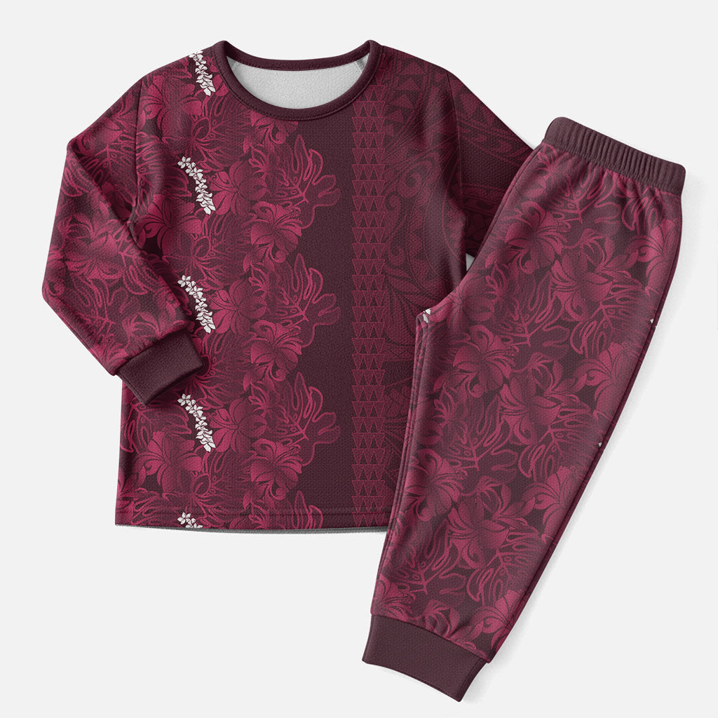 Burgundy Hibiscus Monstera Seamless Kakau Hawaii Christmas Pajama Set