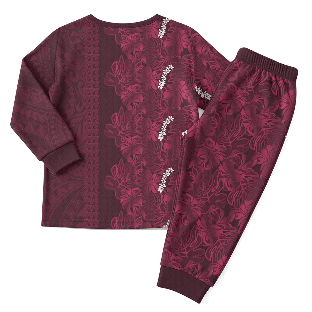 Burgundy Hibiscus Monstera Seamless Kakau Hawaii Christmas Pajama Set LT14 - Polynesian Pride