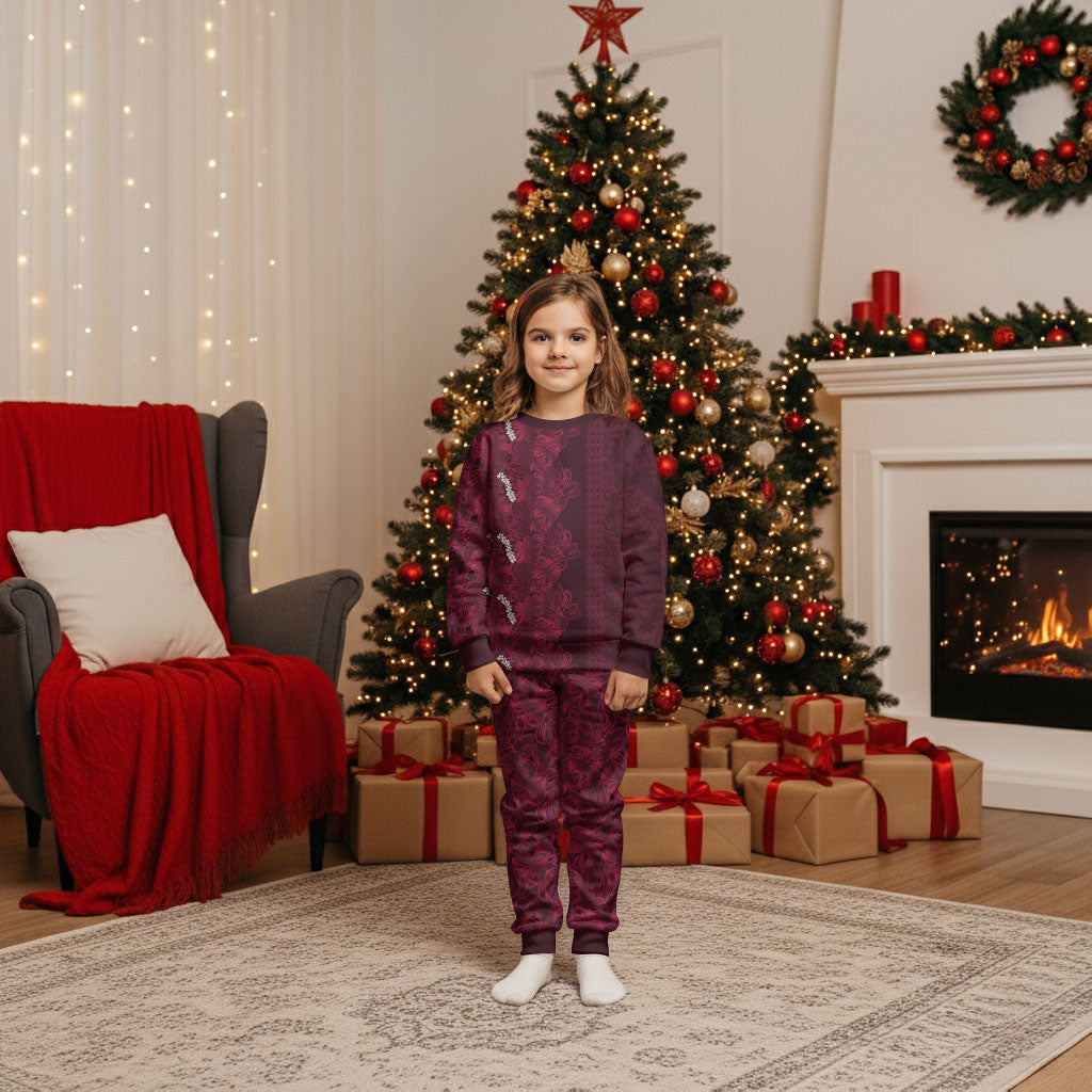 Burgundy Hibiscus Monstera Seamless Kakau Hawaii Christmas Pajama Set LT14 Kid Burgundy - Polynesian Pride