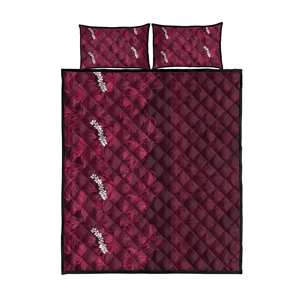 Burgundy Hibiscus Monstera Seamless Kakau Hawaii Quilt Bed Set