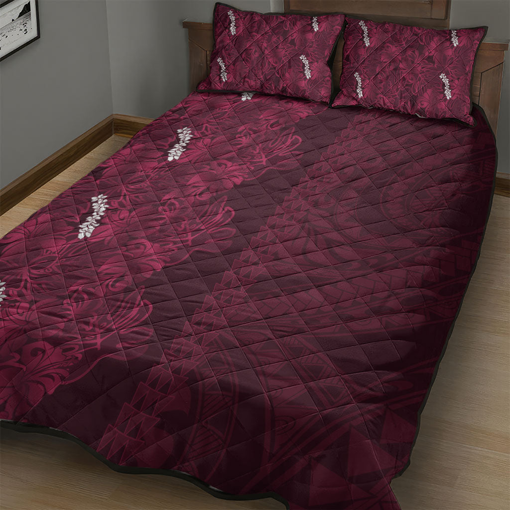 Burgundy Hibiscus Monstera Seamless Kakau Hawaii Quilt Bed Set