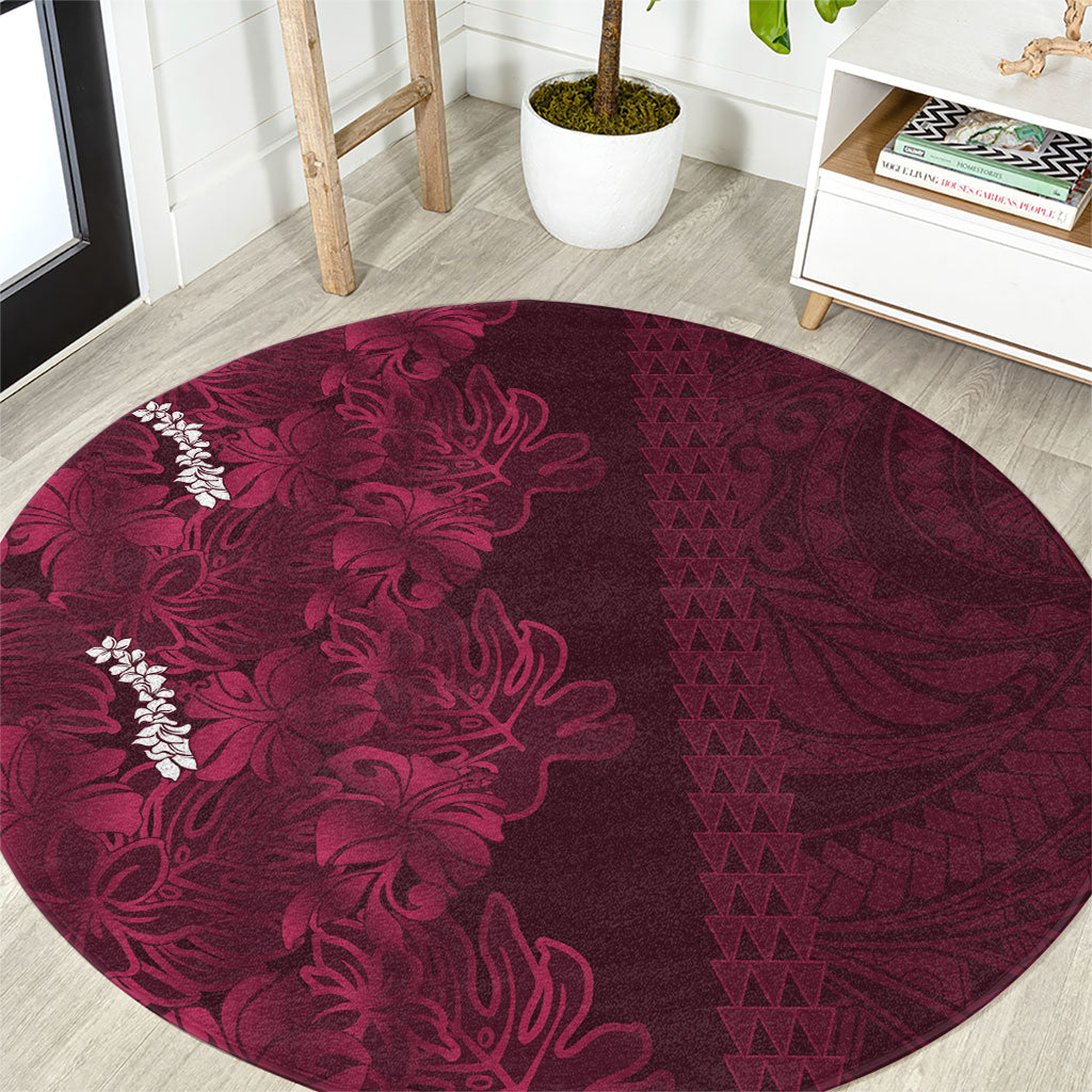 Burgundy Hibiscus Monstera Seamless Kakau Hawaii Round Carpet