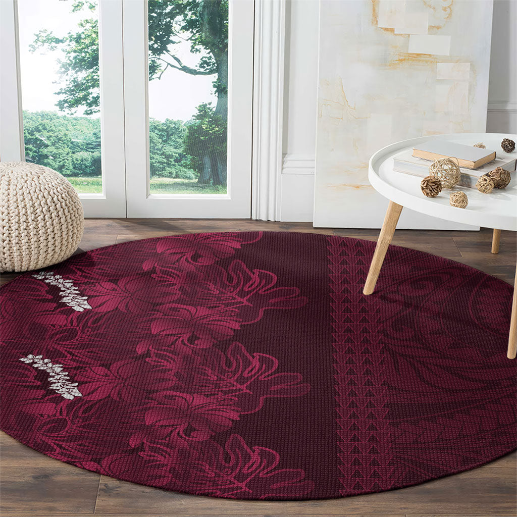 Burgundy Hibiscus Monstera Seamless Kakau Hawaii Round Carpet