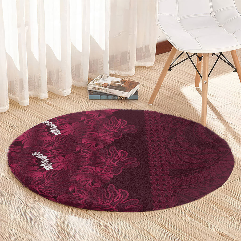Burgundy Hibiscus Monstera Seamless Kakau Hawaii Round Carpet