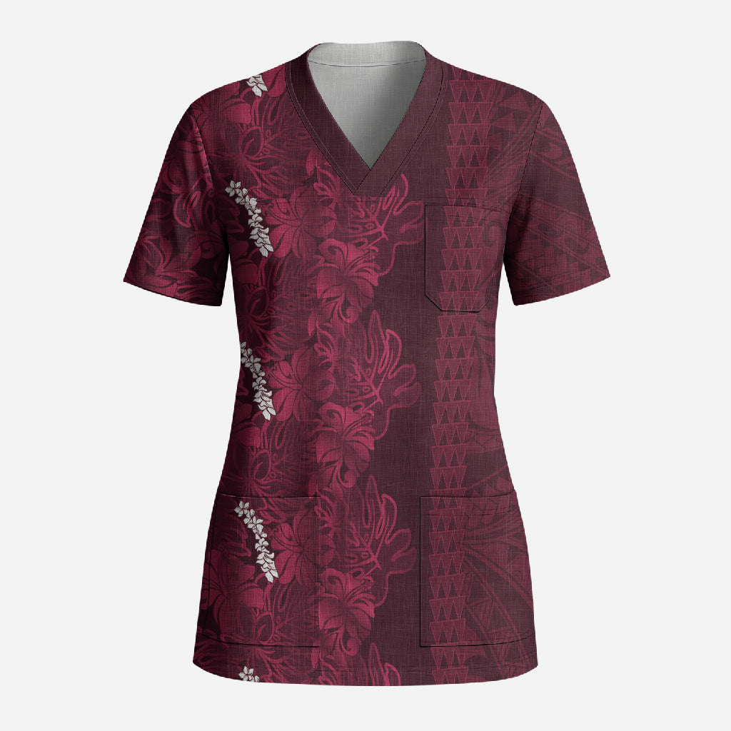 Burgundy Hibiscus Monstera Seamless Kakau Hawaii Scrub Top