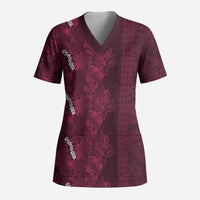 Burgundy Hibiscus Monstera Seamless Kakau Hawaii Scrub Top
