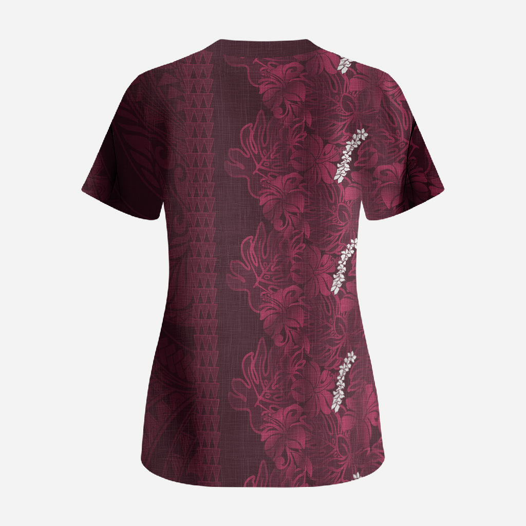 Burgundy Hibiscus Monstera Seamless Kakau Hawaii Scrub Top
