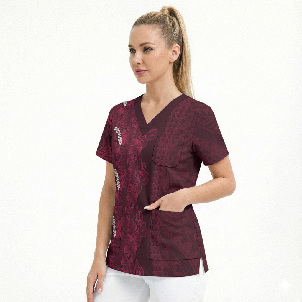 Burgundy Hibiscus Monstera Seamless Kakau Hawaii Scrub Top