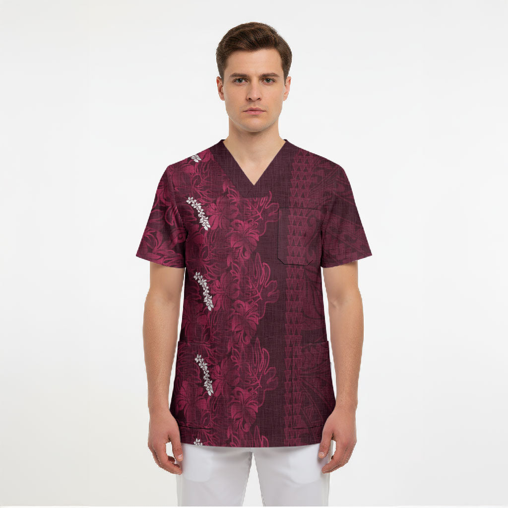 Burgundy Hibiscus Monstera Seamless Kakau Hawaii Scrub Top