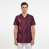 Burgundy Hibiscus Monstera Seamless Kakau Hawaii Scrub Top