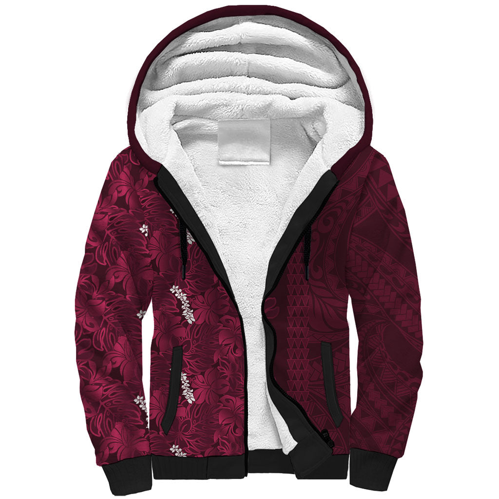 Burgundy Hibiscus Monstera Seamless Kakau Hawaii Sherpa Hoodie LT14 Unisex Burgundy - Polynesian Pride