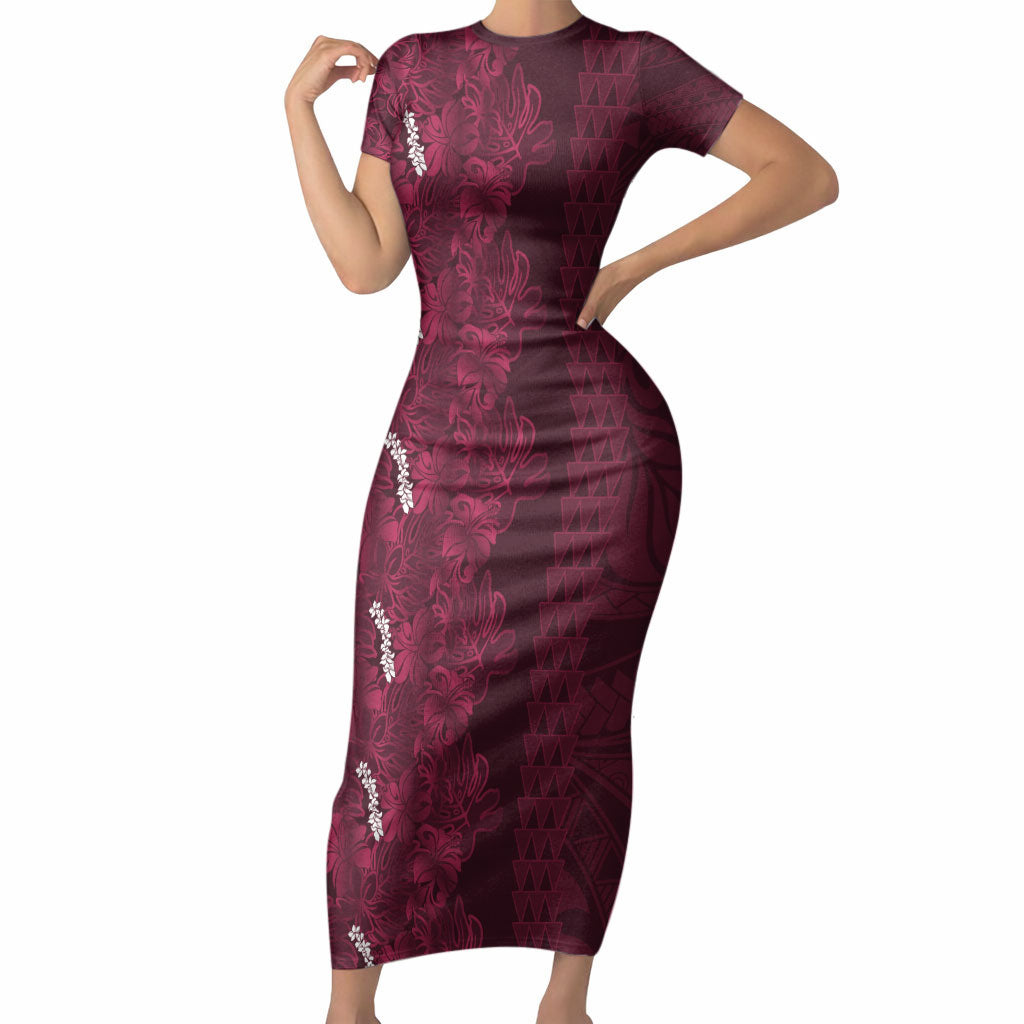Burgundy Hibiscus Monstera Seamless Kakau Hawaii Short Sleeve Bodycon Dress