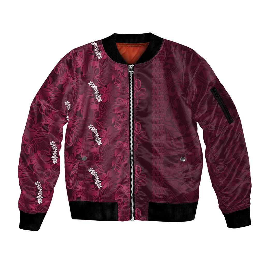 Burgundy Hibiscus Monstera Seamless Kakau Hawaii Sleeve Zip Bomber Jacket