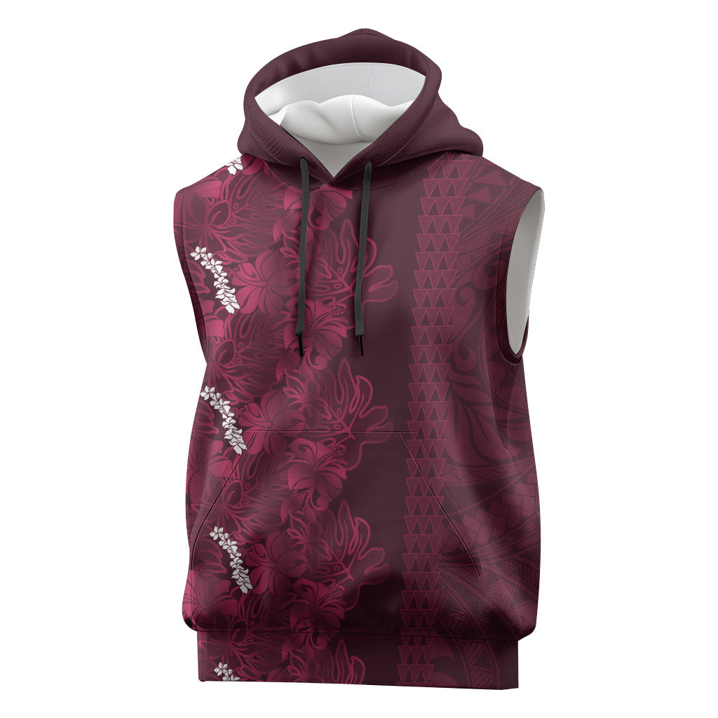 Burgundy Hibiscus Monstera Seamless Kakau Hawaii Sleeveless Hoodie