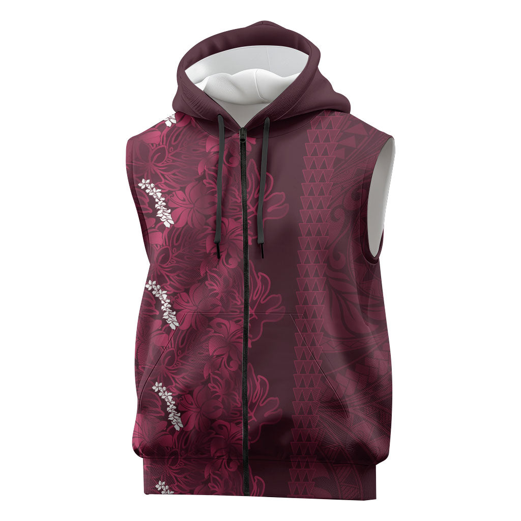 Burgundy Hibiscus Monstera Seamless Kakau Hawaii Sleeveless Zip Hoodie