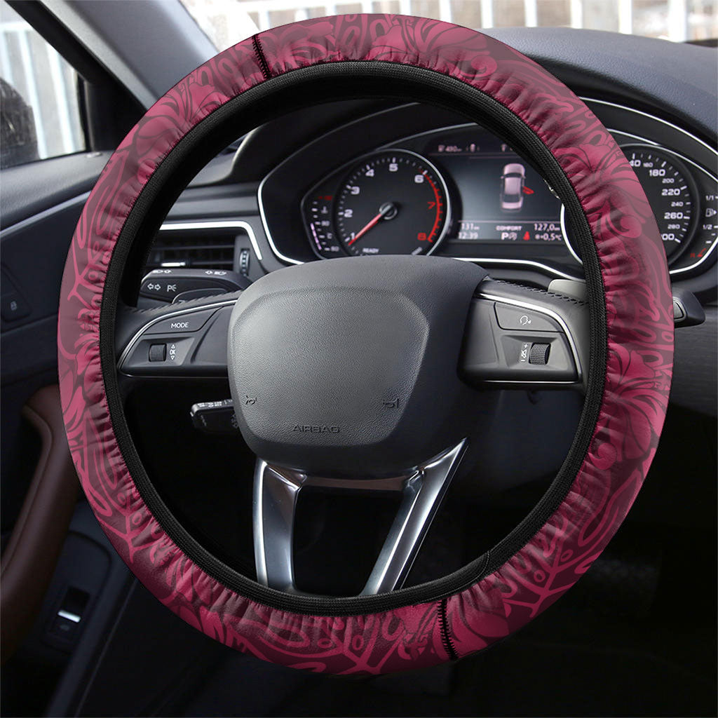 Burgundy Hibiscus Monstera Seamless Kakau Hawaii Steering Wheel Cover LT14 - Polynesian Pride