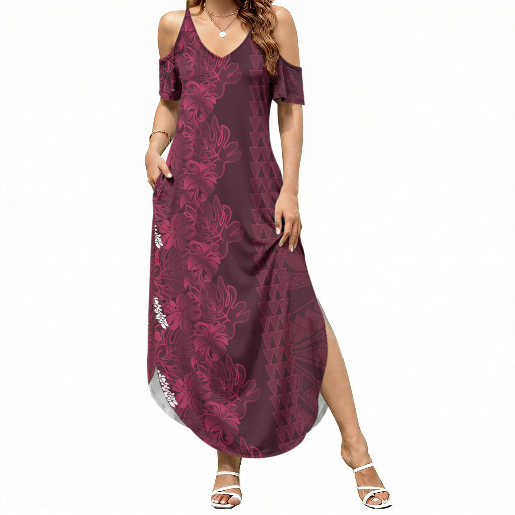 Burgundy Hibiscus Monstera Seamless Kakau Hawaii Summer Maxi Dress