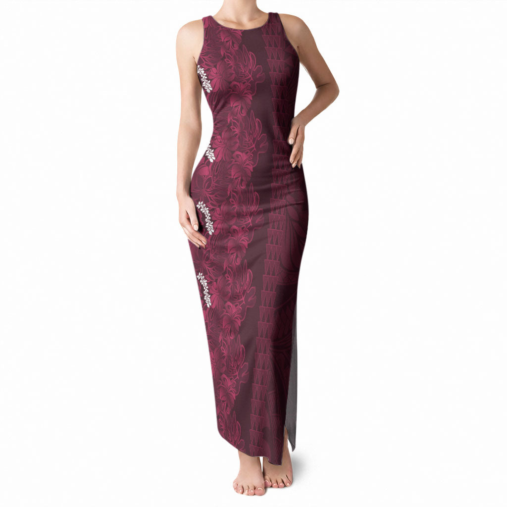 Burgundy Hibiscus Monstera Seamless Kakau Hawaii Tank Maxi Dress LT14 Women Burgundy - Polynesian Pride
