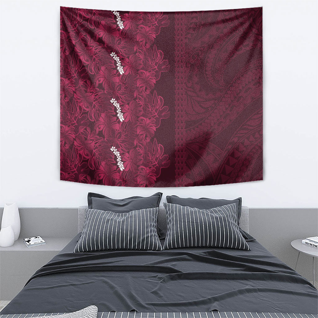 Burgundy Hibiscus Monstera Seamless Kakau Hawaii Tapestry