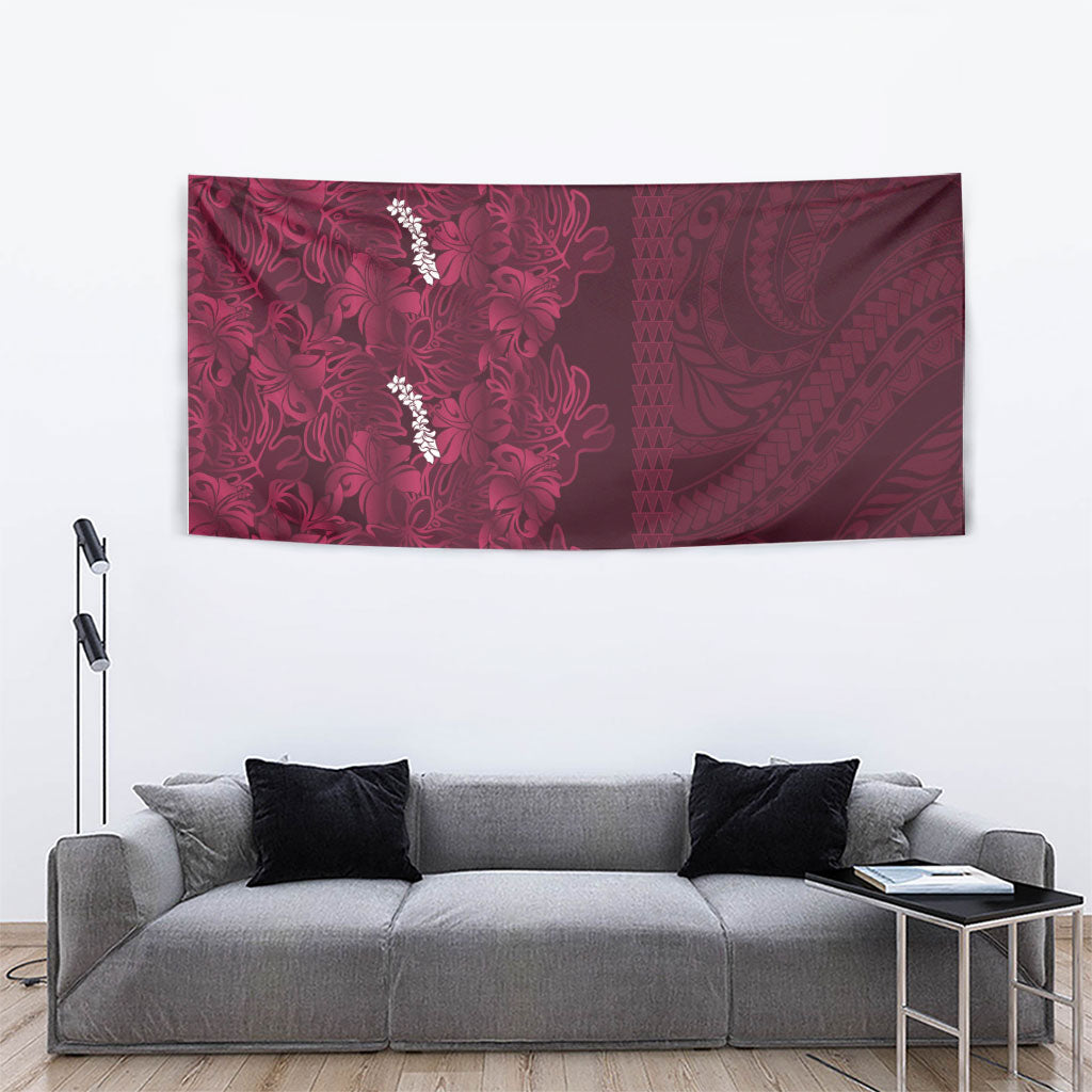 Burgundy Hibiscus Monstera Seamless Kakau Hawaii Tapestry
