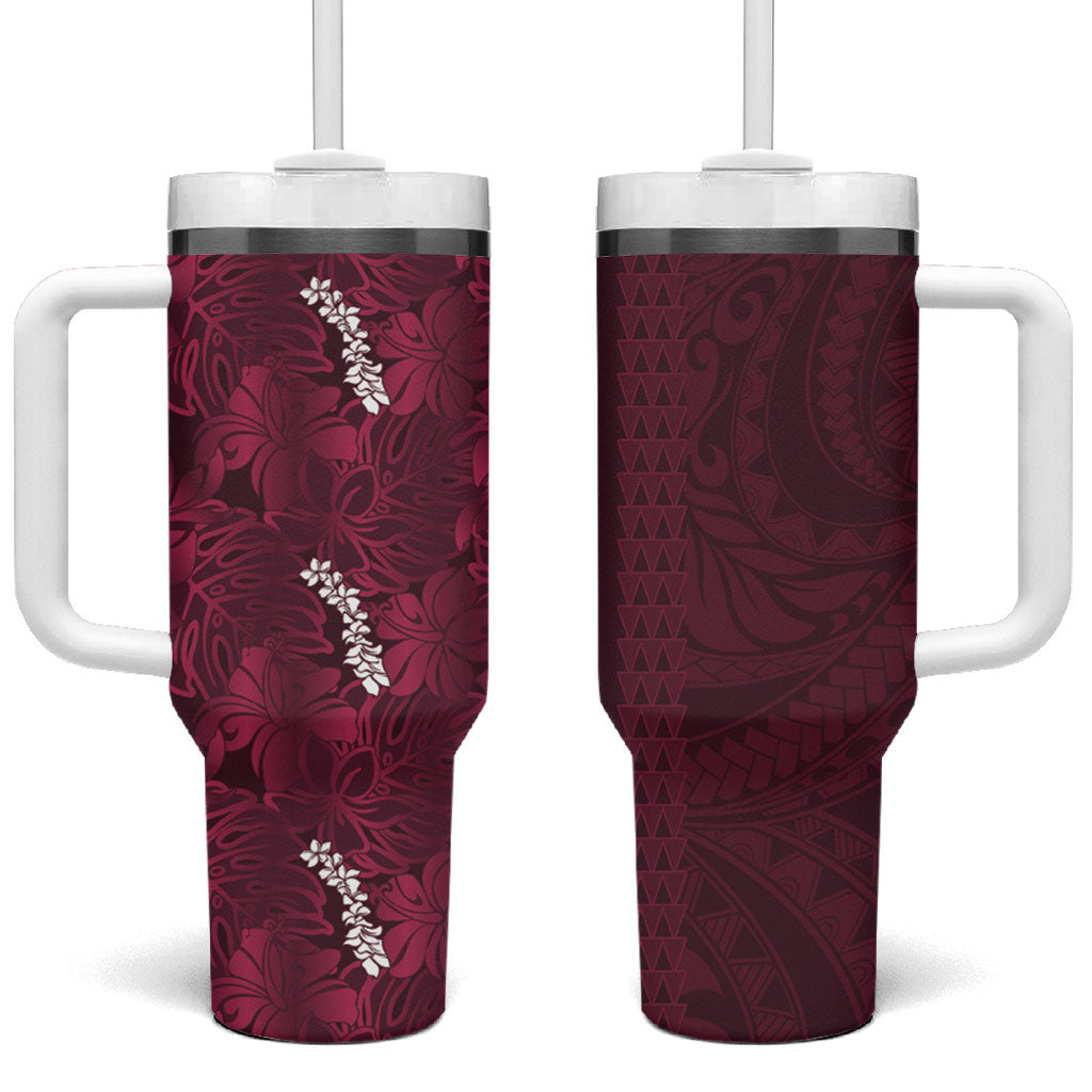 Burgundy Hibiscus Monstera Seamless Kakau Hawaii Tumbler With Handle LT14 One Size: 40 oz Burgundy - Polynesian Pride