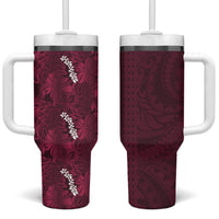 Burgundy Hibiscus Monstera Seamless Kakau Hawaii Tumbler With Handle LT14 One Size: 40 oz Burgundy - Polynesian Pride