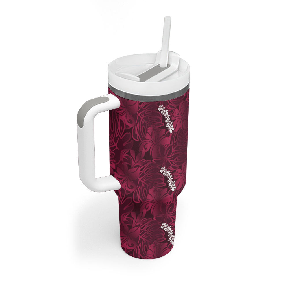 Burgundy Hibiscus Monstera Seamless Kakau Hawaii Tumbler With Handle LT14 - Polynesian Pride