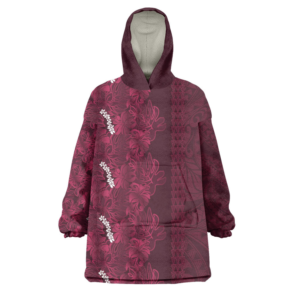 Burgundy Hibiscus Monstera Seamless Kakau Hawaii Wearable Blanket Hoodie
