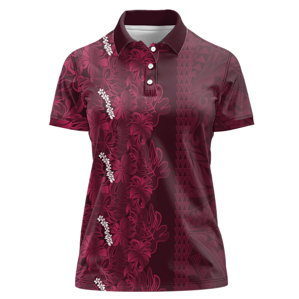 Burgundy Hibiscus Monstera Seamless Kakau Hawaii Women Polo Shirt