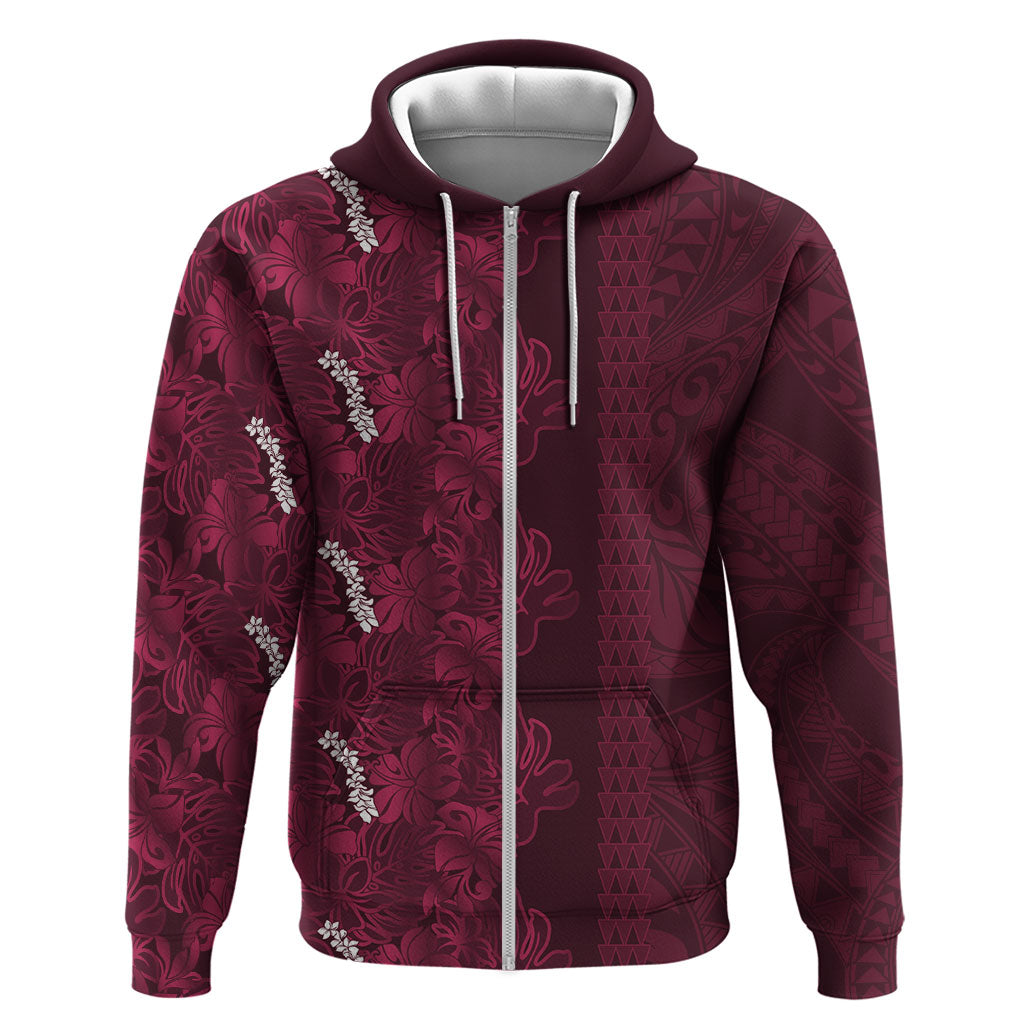 Burgundy Hibiscus Monstera Seamless Kakau Hawaii Zip Hoodie