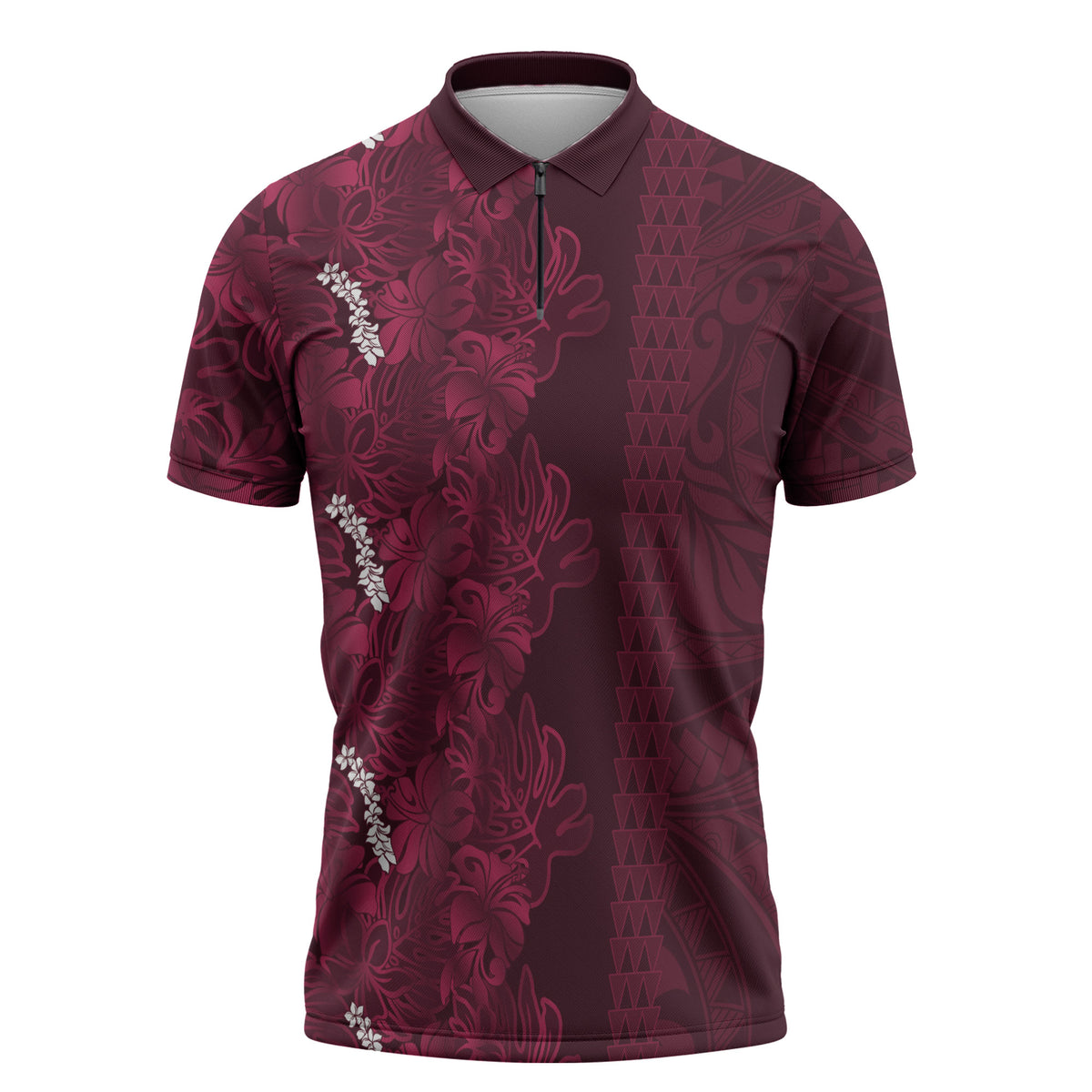 Burgundy Hibiscus Monstera Seamless Kakau Hawaii Zipper Polo Shirt LT14 Burgundy - Polynesian Pride