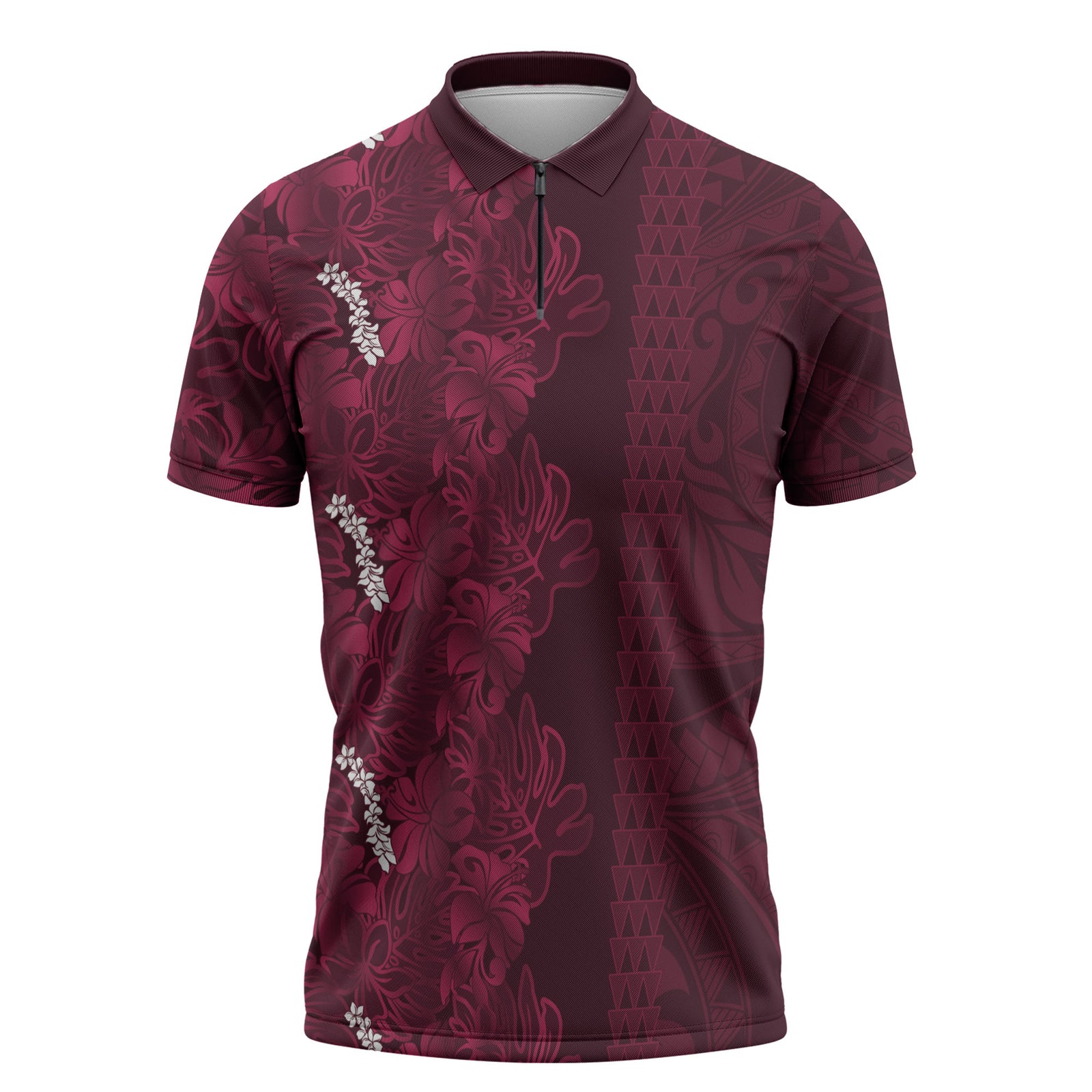 Burgundy Hibiscus Monstera Seamless Kakau Hawaii Zipper Polo Shirt