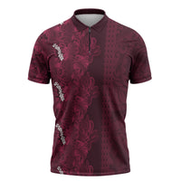 Burgundy Hibiscus Monstera Seamless Kakau Hawaii Zipper Polo Shirt LT14 Burgundy - Polynesian Pride