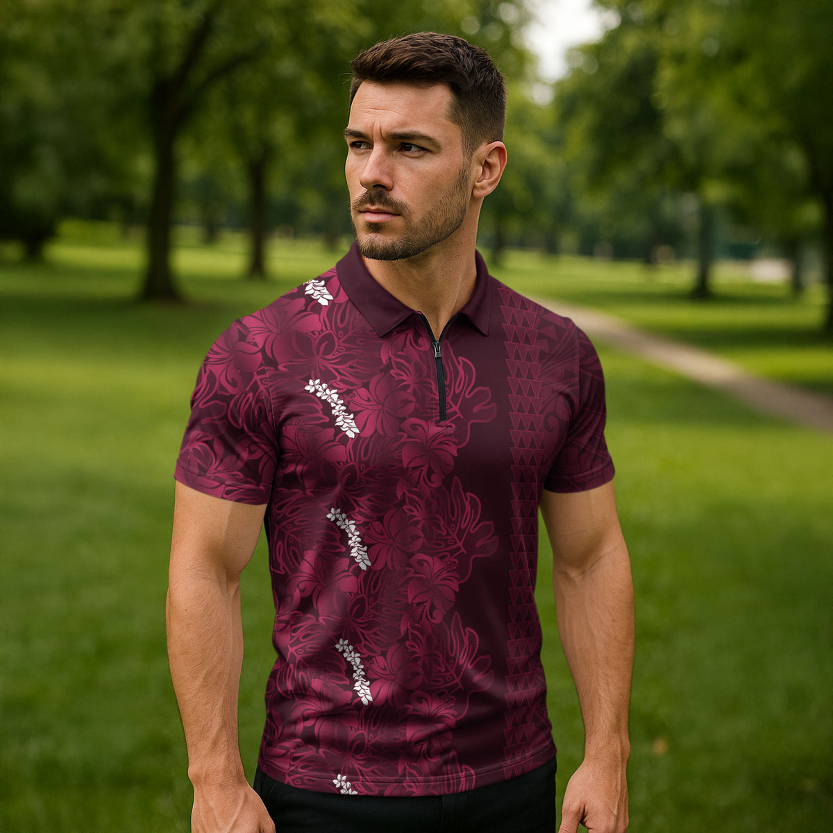 Burgundy Hibiscus Monstera Seamless Kakau Hawaii Zipper Polo Shirt LT14 - Polynesian Pride