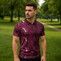 Burgundy Hibiscus Monstera Seamless Kakau Hawaii Zipper Polo Shirt LT14 - Polynesian Pride
