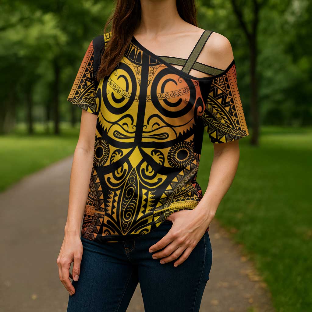 Marquesas Islands Cross Shoulder Shirt Marquesan Tattoo Yellow Gradient LT14 - Polynesian Pride